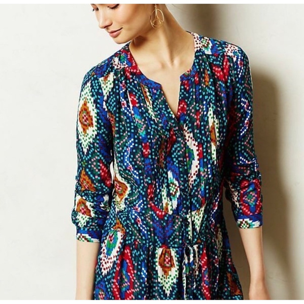 Maeve Anthropologie Topoxte Blue Ikat Geometric Tie Waist Blouse Roll Tab Size 8